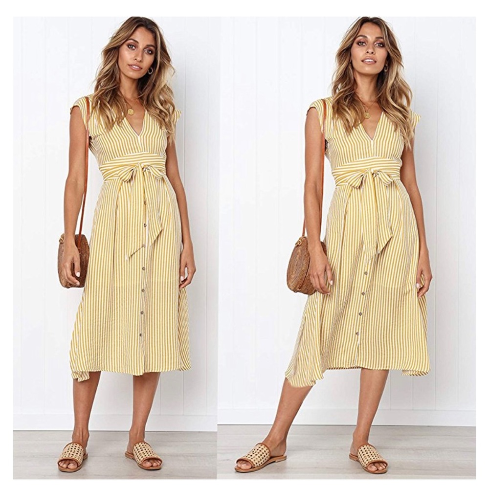 Yellow Linen Button Up Stripped Dress M